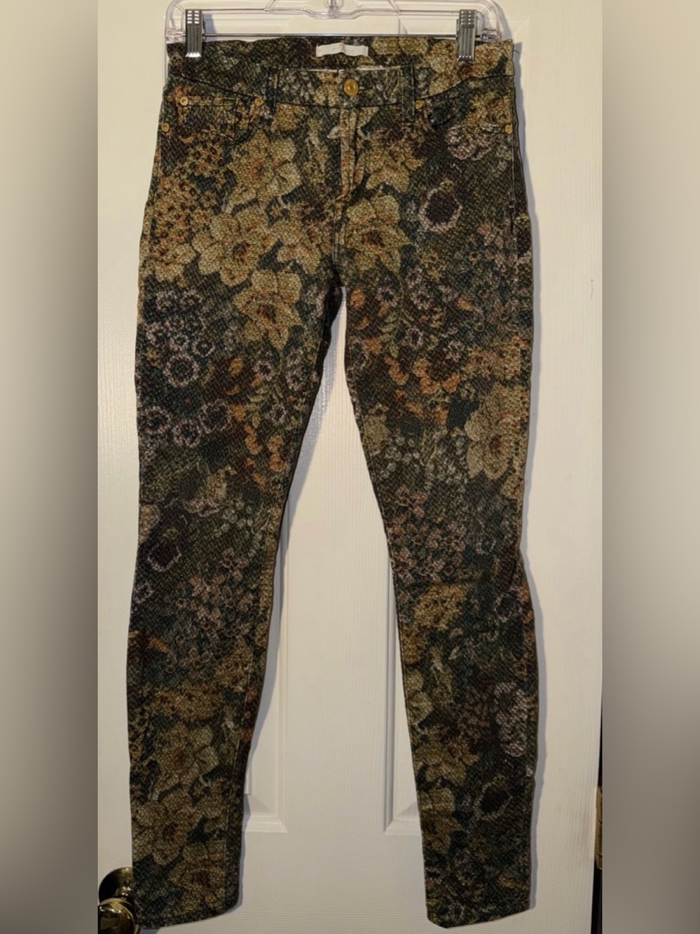 7 For All Mankind Women’s Floral Brocade Print Skinny Jeans - Green/Brown Sz 28